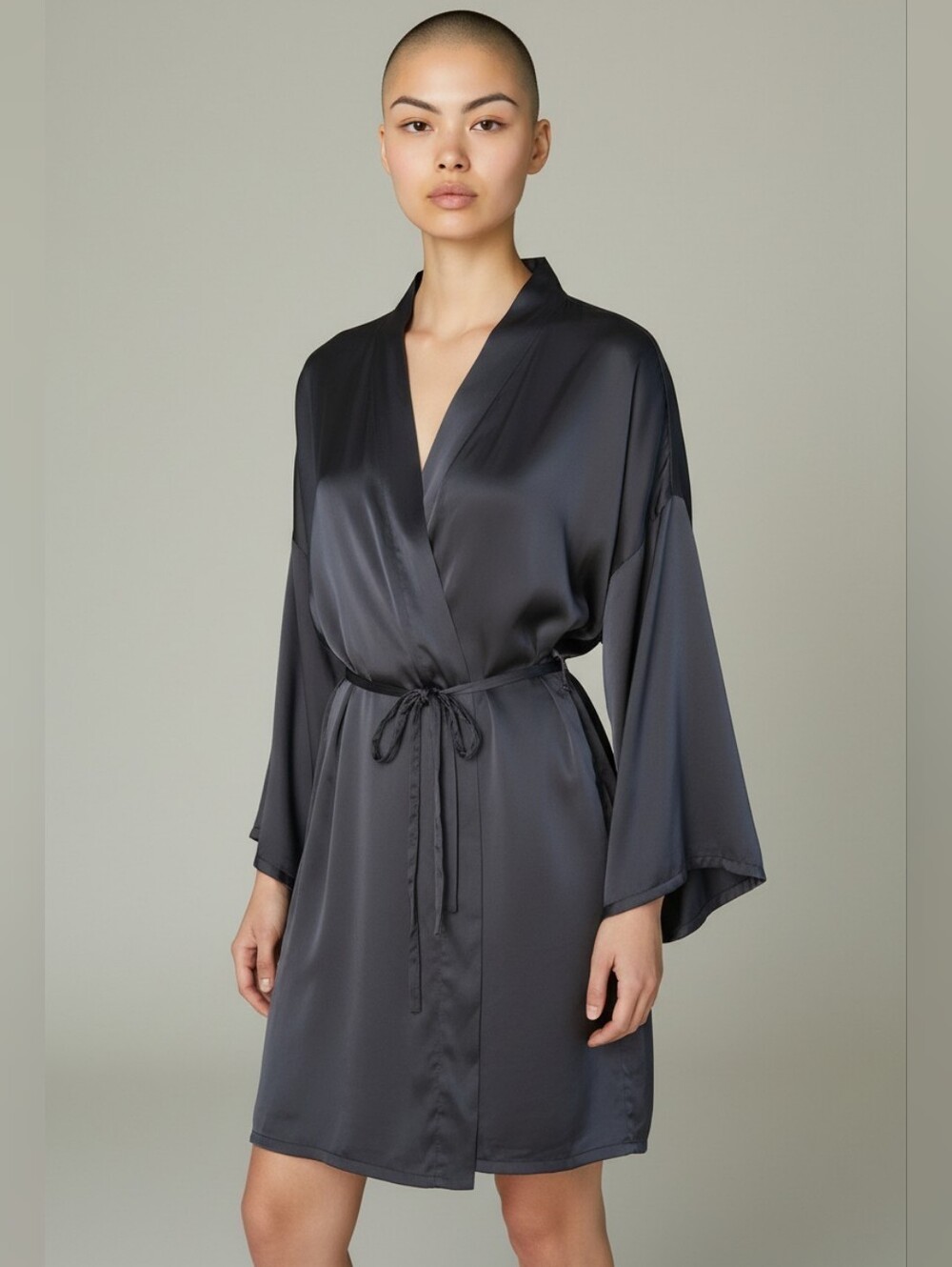 Victoria's Secret Silk Black Short Robe Womens S Belted Kimono Sleeve Satin Y2K